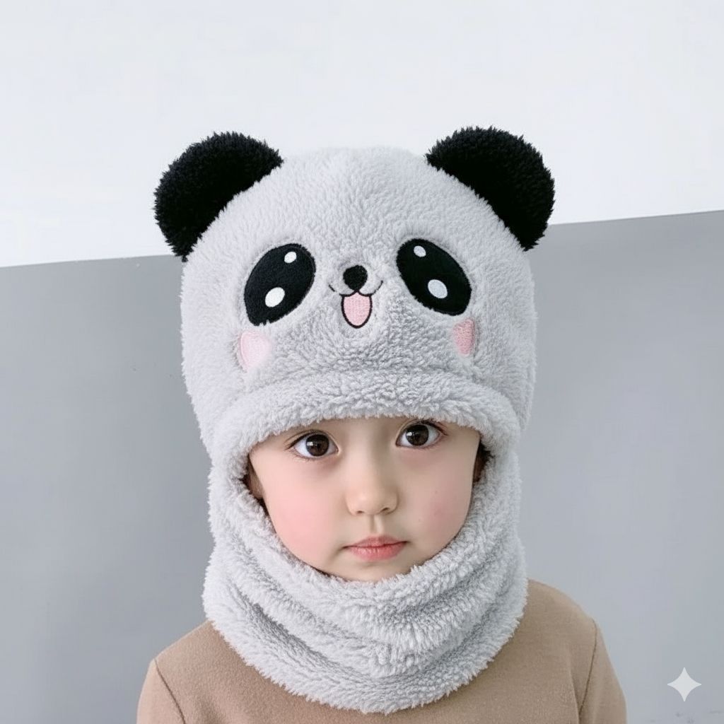 Panda Beanie Wool Cap With Neck Warmer Attached.