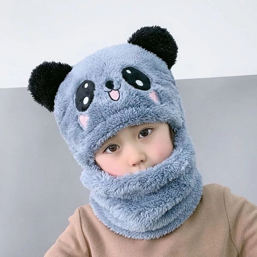 Panda Beanie Wool Cap With Neck Warmer Attached.