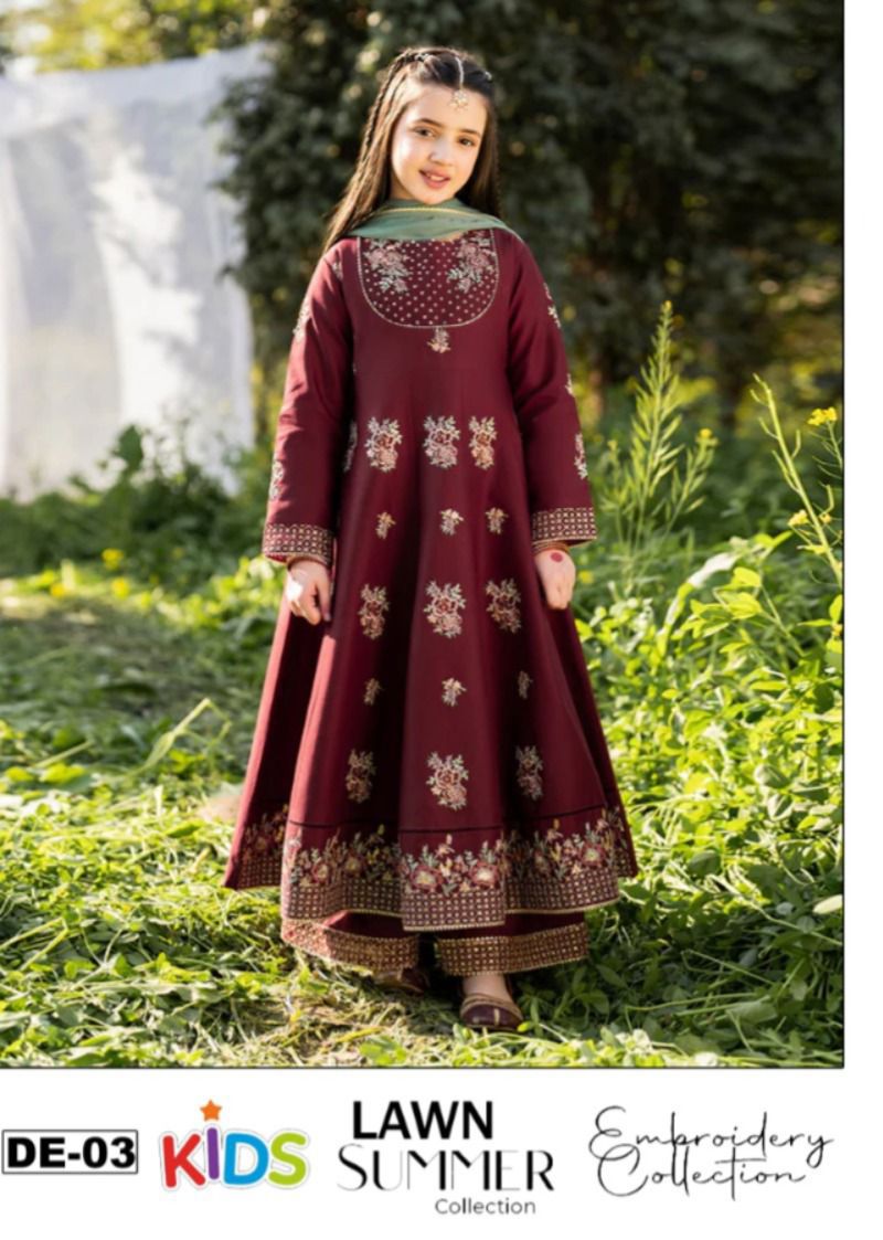 Kids Summer 3Pc Embroidered Lawn Dress – Soft & Comfortable