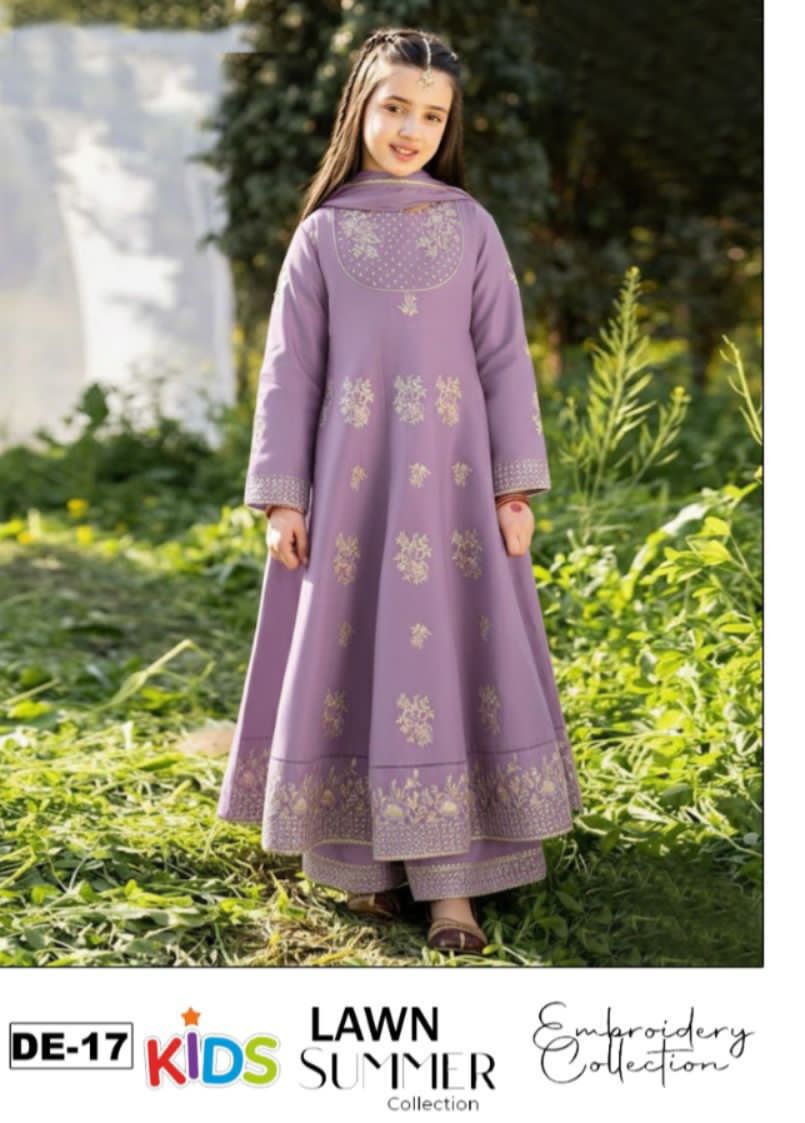 Kids Summer 3Pc Embroidered Lawn Dress – Soft & Comfortable
